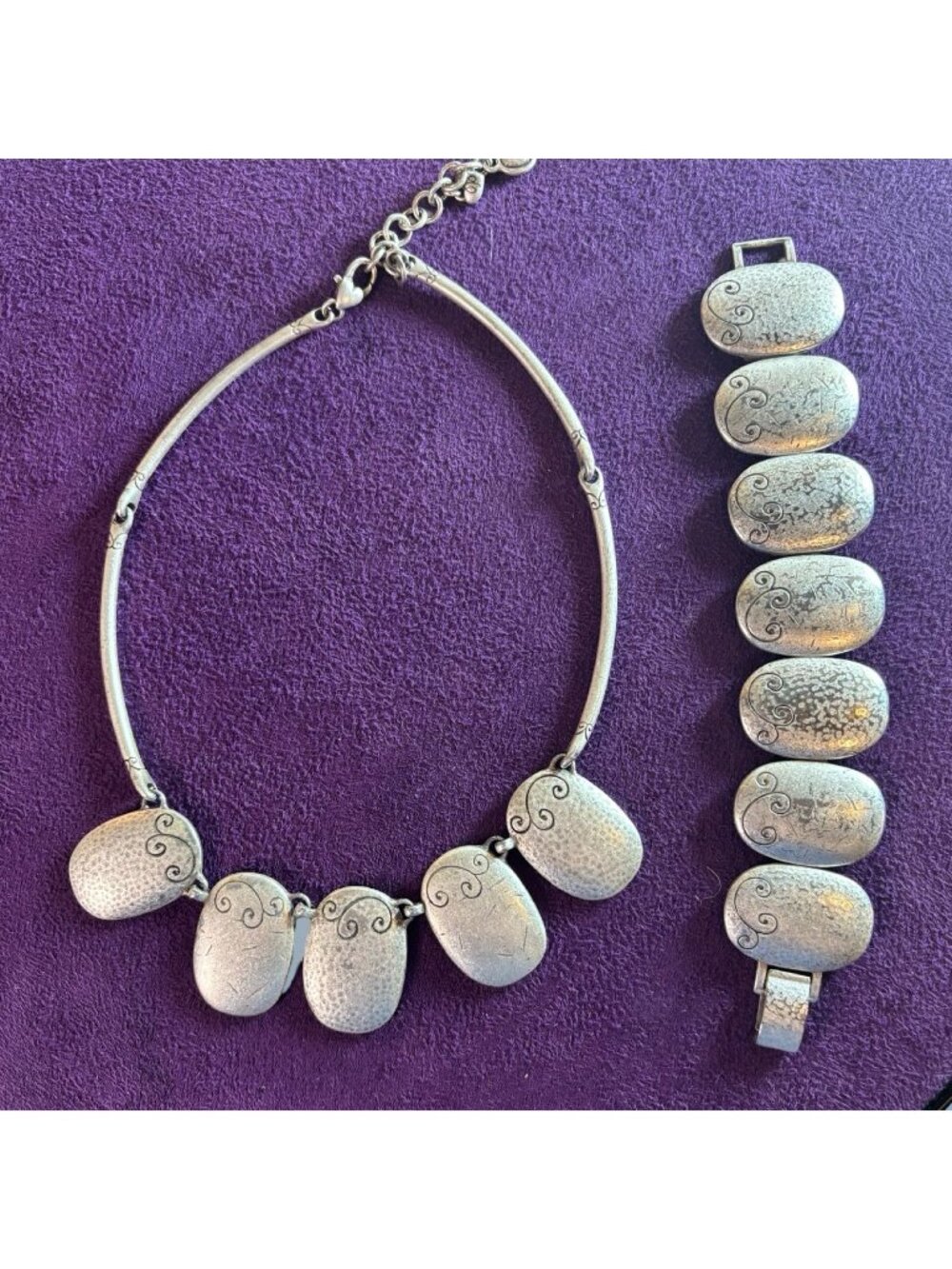 Brighton Silver-Toned Hammered Metal Necklace & Bracelet Jewelry Set With Swirl